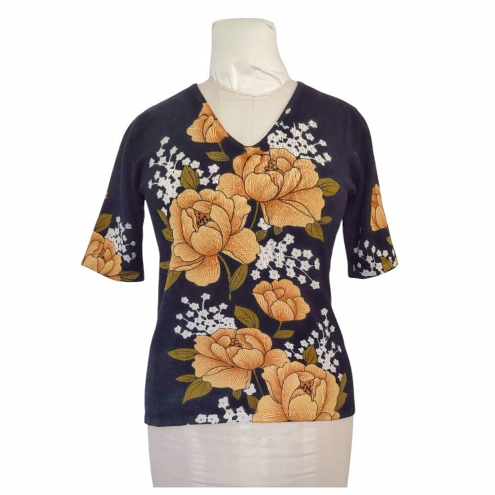 ANNE KLEIN Black Floral Knit Sweater Top Sz M Stretch Black Yellow Dressy Casual